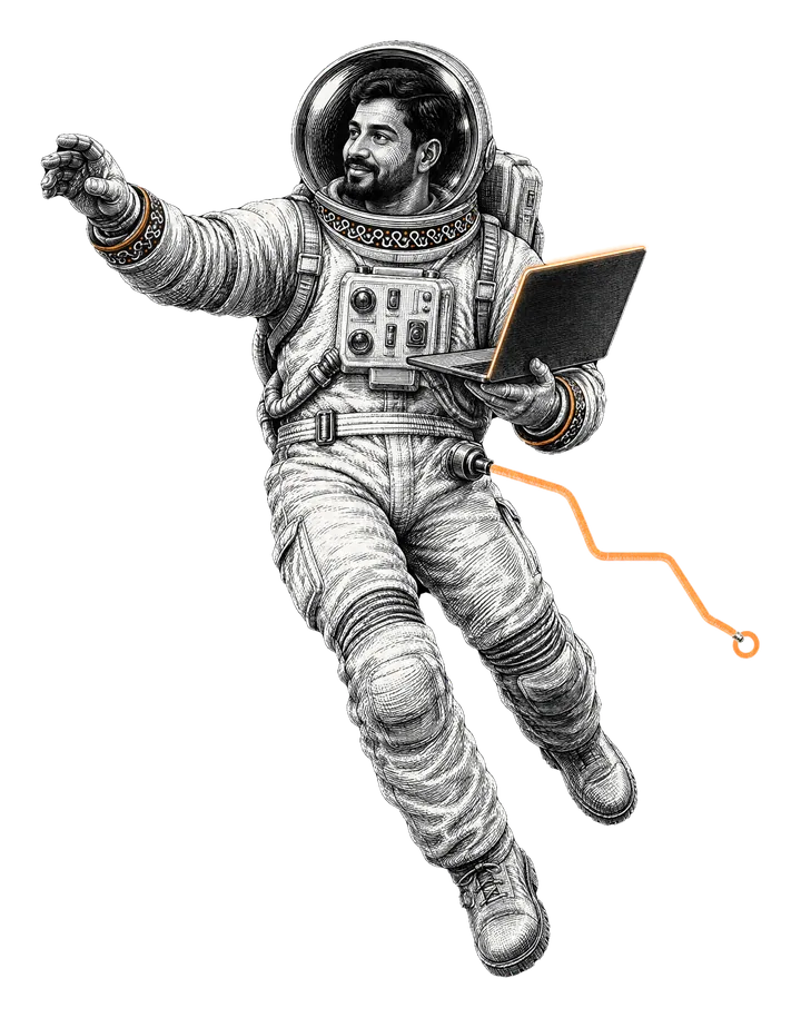 Engraved illustration of an astronaut floating in space with a laptop, reaching out, an orange tether trailing behind